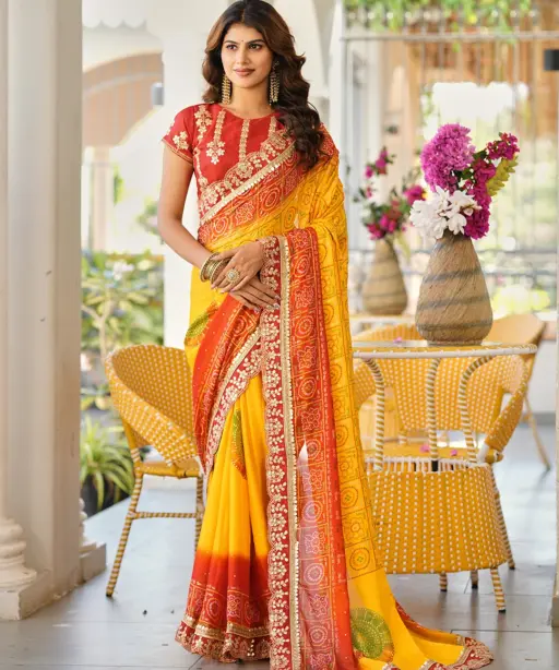 Jalnidhi Saloni Moss Chiffon with Fancy Bandhani Printed Saree Collection