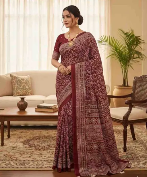 Kc 2082 Soft Crepe Silk Ajrakh Printed Saree Collection