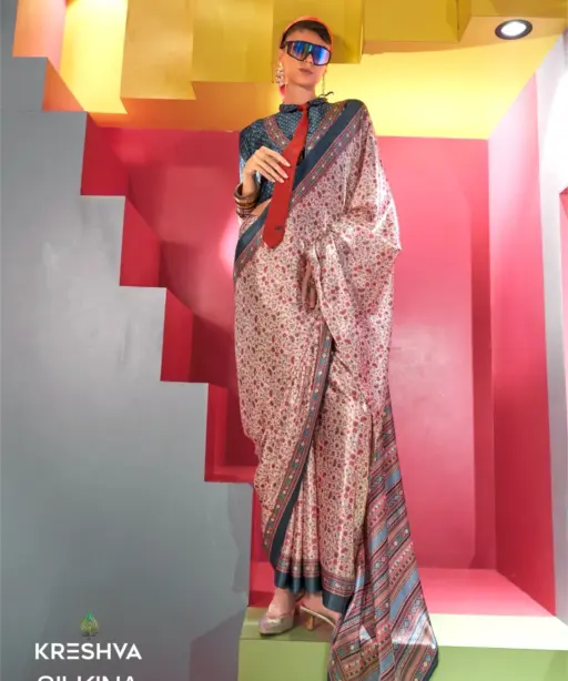 Kreshva Silkina Satin Kashmiri Prints Fancy Saree Collection