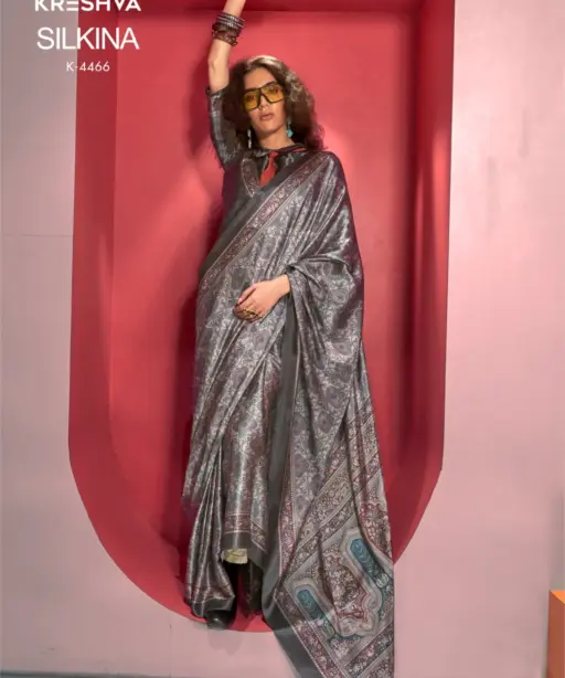 Kreshva Silkina Satin Kashmiri Prints Fancy Saree Collection