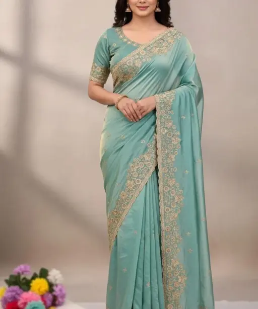 Vt 818 T Premium Fandy Satin Embroidery Saree Collection