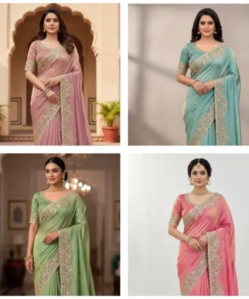 Vt 818 T Premium Fandy Satin Embroidery Saree Collection