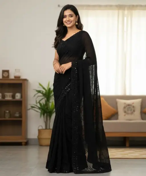 Kc 1004 Georgette Black Beeds Bollywood Fancy Saree