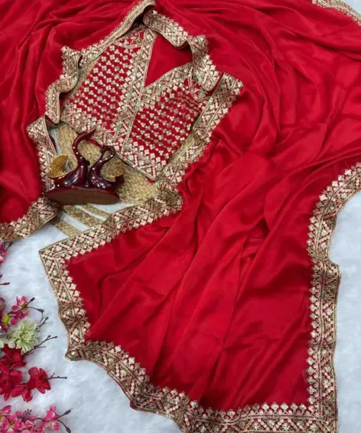 Kc 2084 Red Color Sequins Festival Special Saree