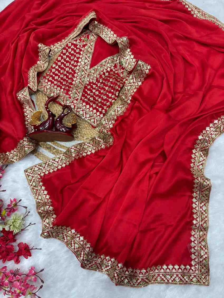 Kc 2084 Red Color Sequins Festival Special Saree