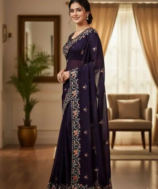 Kc 900 Satin Chiffon Sequence Blooming Saree