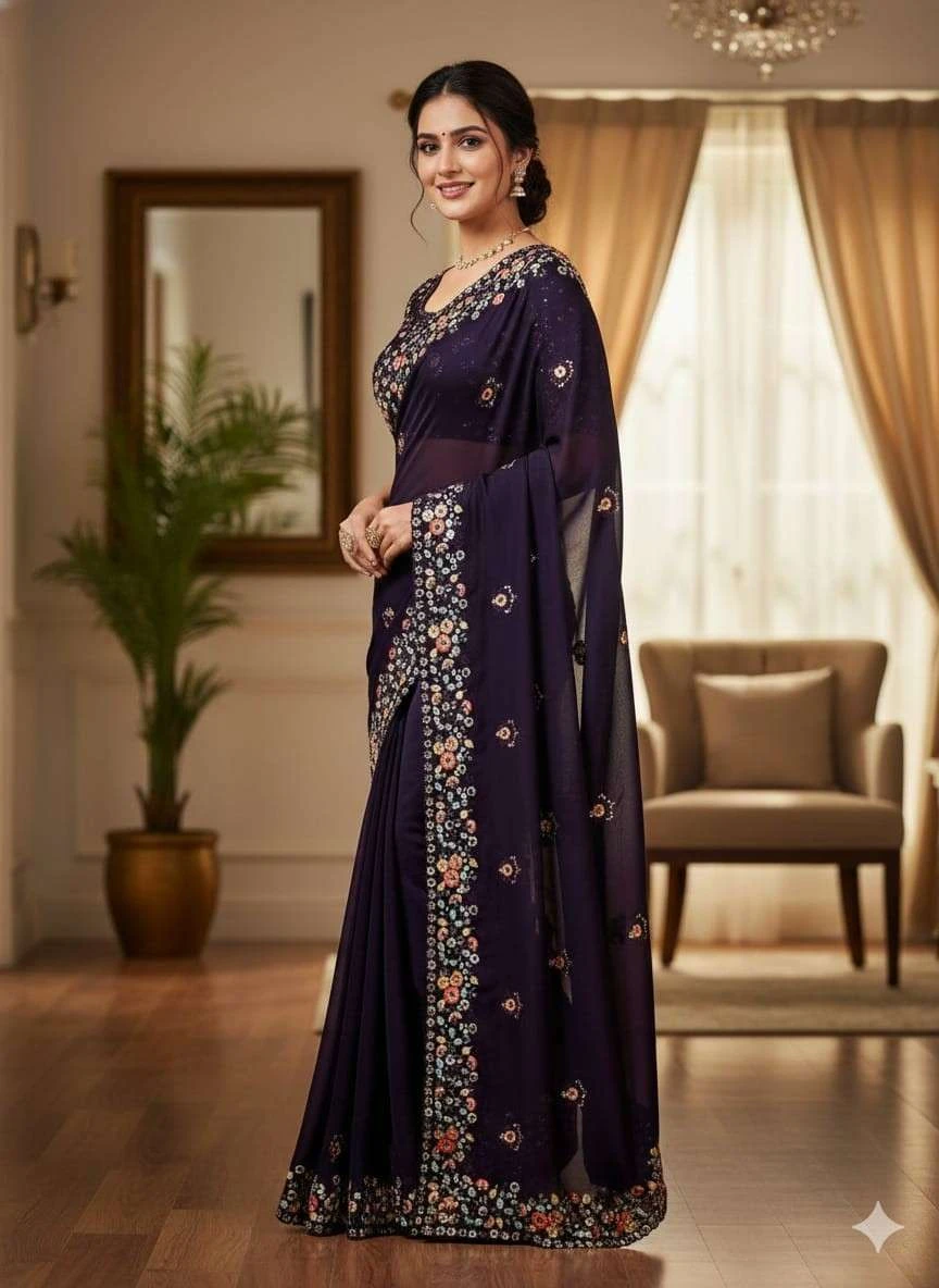 Kc 900 Satin Chiffon Sequence Blooming Saree