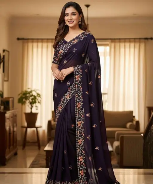 Kc 900 Satin Chiffon Sequence Blooming Saree