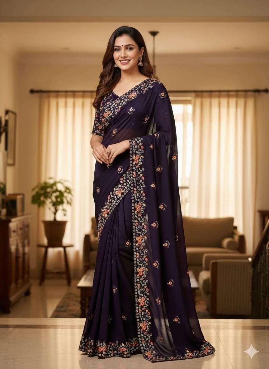 Kc 900 Satin Chiffon Sequence Blooming Saree