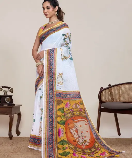 Maahi 216 Linen Printed with Zari Lace Saree Collection