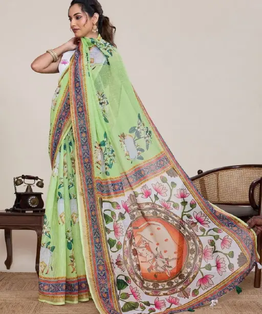 Maahi 216 Linen Printed with Zari Lace Saree Collection