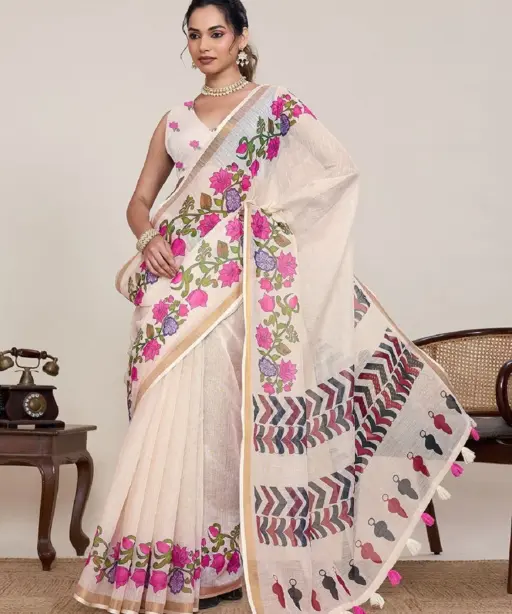 Maahi 216 Linen Printed with Zari Lace Saree Collection