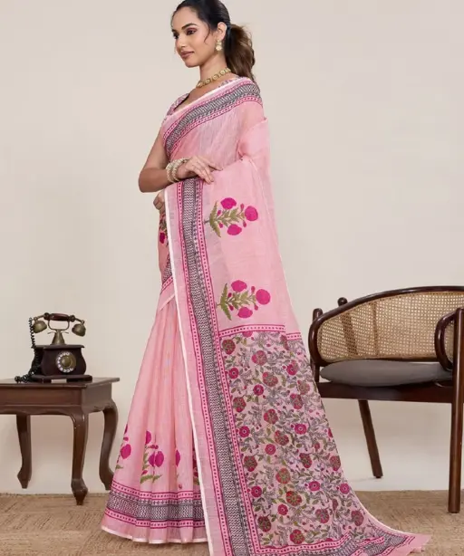 Maahi 216 Linen Printed with Zari Lace Saree Collection