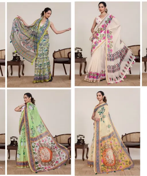 Maahi 216 Linen Printed with Zari Lace Saree Collection
