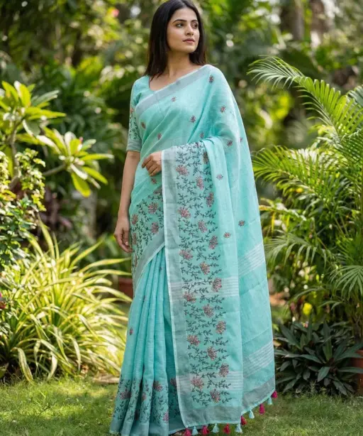 Mahek 211 Linen Cotton Festival Wear Embroidery Saree Collection