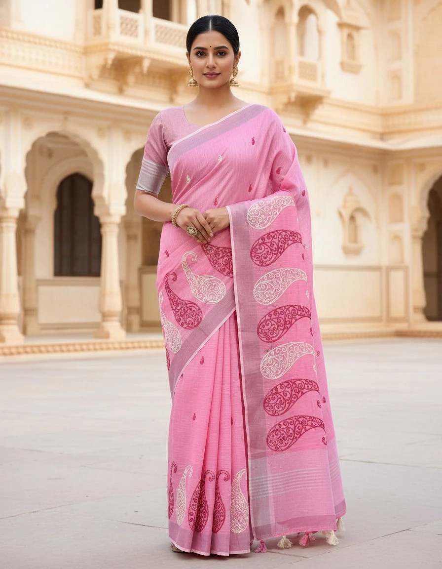 Mahek 214 Linen Cotton Embroidery Stylish Saree Collection