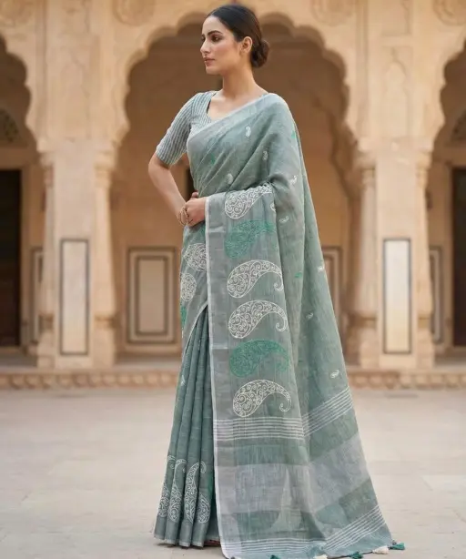 Mahek 214 Linen Cotton Embroidery Stylish Saree Collection