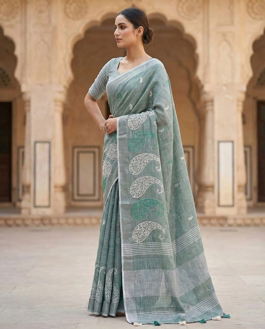Mahek 214 Linen Cotton Embroidery Stylish Saree Collection