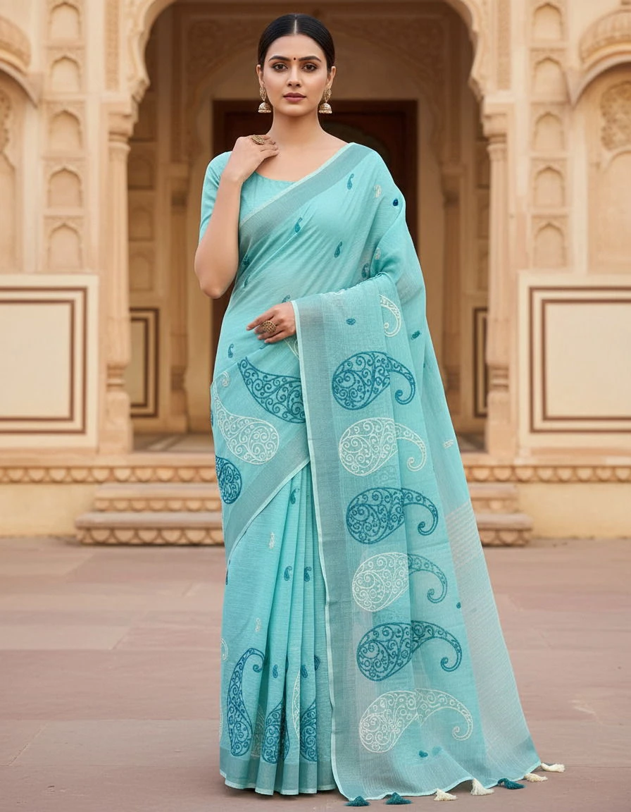 Mahek 214 Linen Cotton Embroidery Stylish Saree Collection