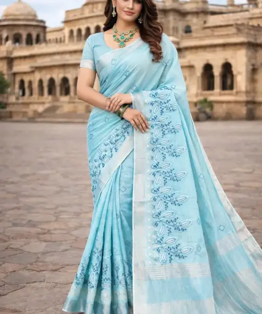 Mahek 217 Linen Cotton Embroidery Worked Fancy Saree Collection