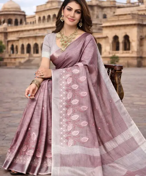 Mahek 217 Linen Cotton Embroidery Worked Fancy Saree Collection