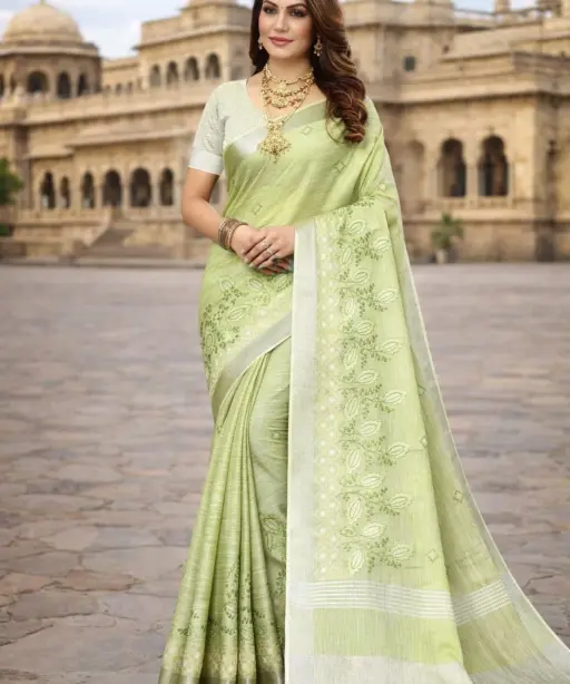 Mahek 217 Linen Cotton Embroidery Worked Fancy Saree Collection