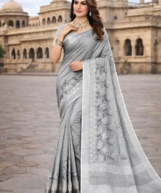 Mahek 217 Linen Cotton Embroidery Worked Fancy Saree Collection