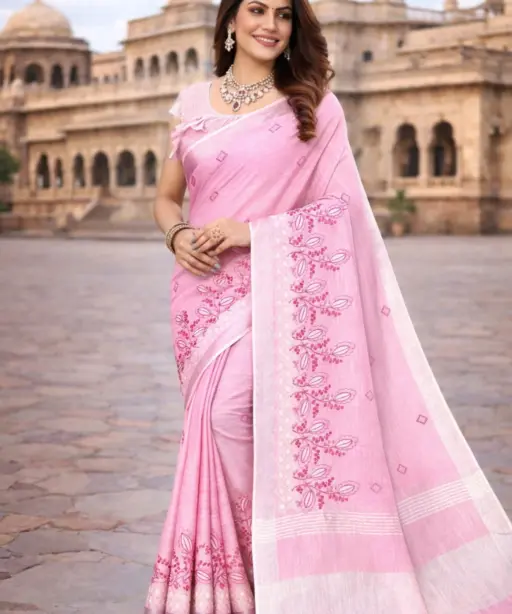 Mahek 217 Linen Cotton Embroidery Worked Fancy Saree Collection