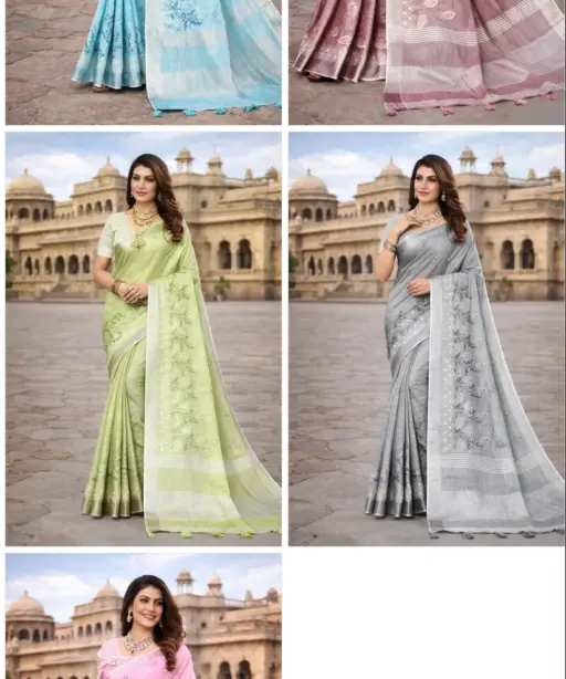 Mahek 217 Linen Cotton Embroidery Worked Fancy Saree Collection