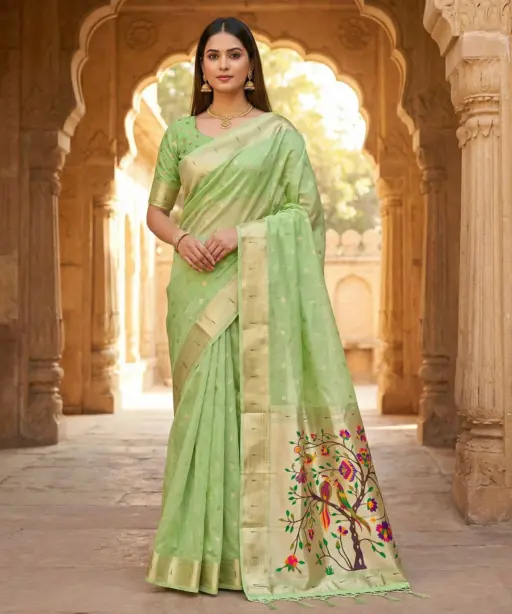 Mb 1111 Organza Silk Woven Butti Motifs Paithani Saree Collection
