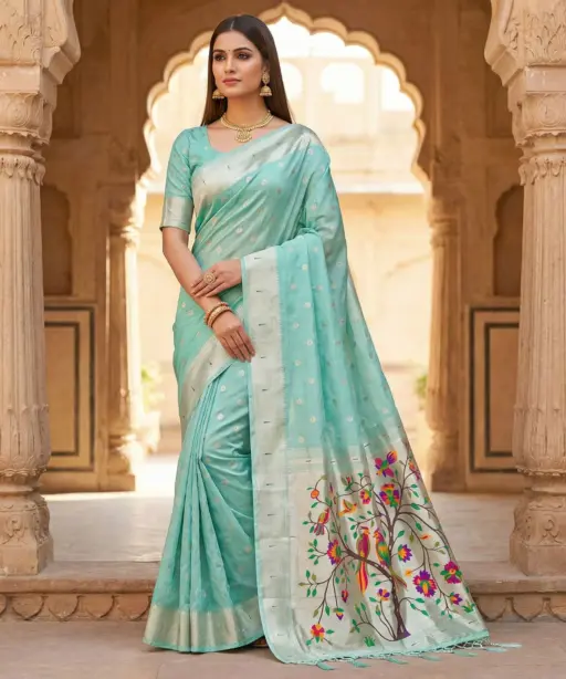 Mb 1111 Organza Silk Woven Butti Motifs Paithani Saree Collection