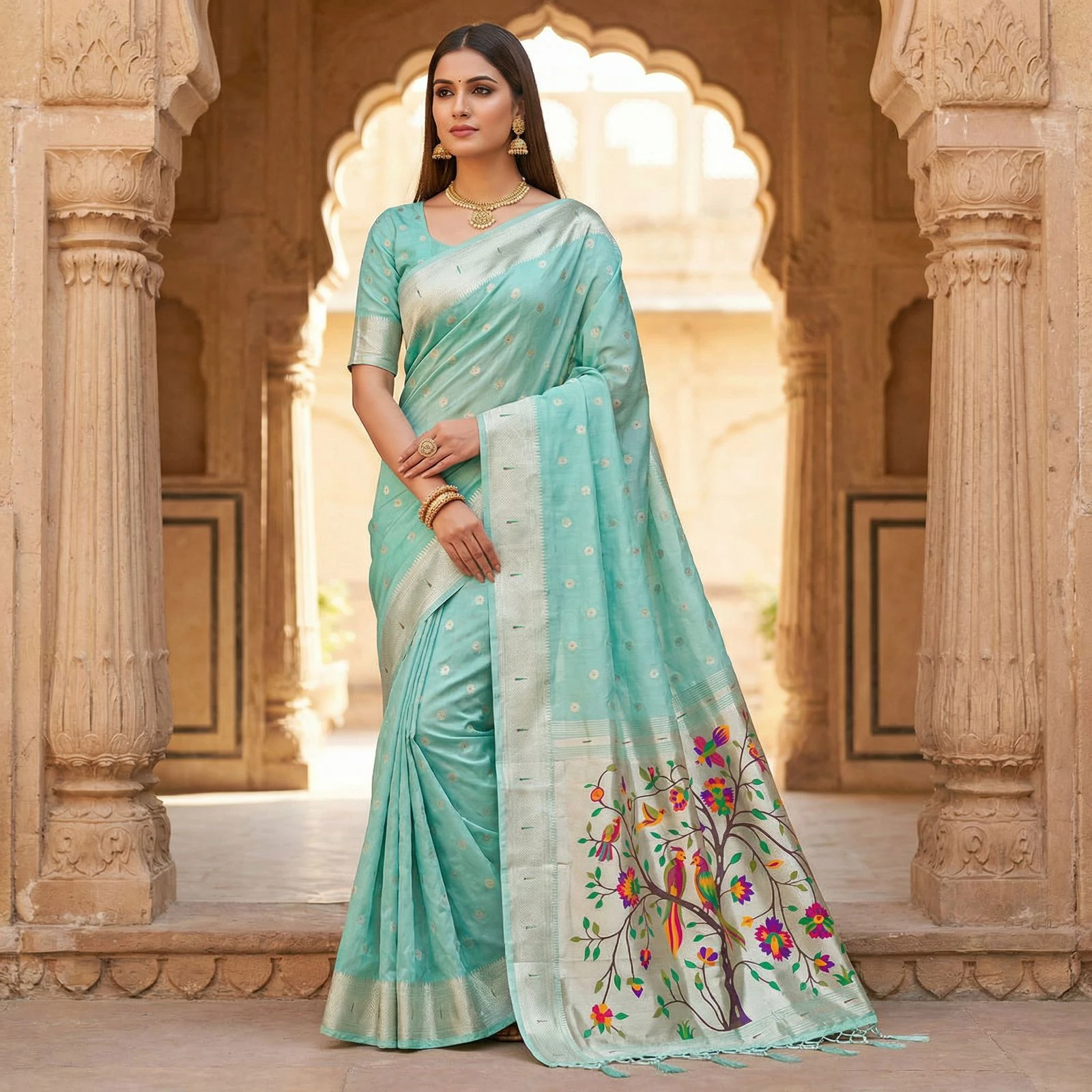 Mb 1111 Organza Silk Woven Butti Motifs Paithani Saree Collection