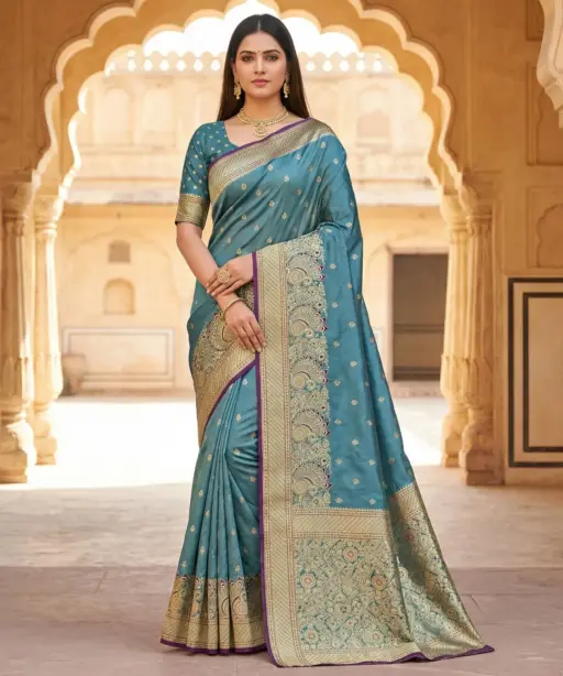 Mb 12 Satin Golden Butta Motifs Festival Saree Collection