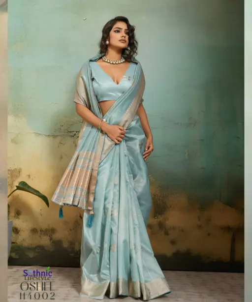 Sethnic Oshee Vibe Tissue Linen Zari Woven Festival Wear Saree Collection