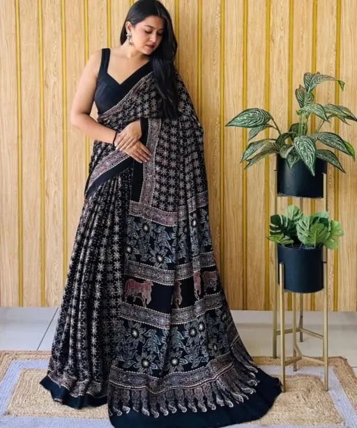 Sf Ajrakh Vol 1 Soft Japan Satin Ajrakh Printed Saree Collection