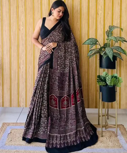 Sf Ajrakh Vol 1 Soft Japan Satin Ajrakh Printed Saree Collection