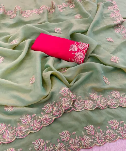 Vt 829 T Moss Chiffon Multi Thread Worked Fancy Saree Collection