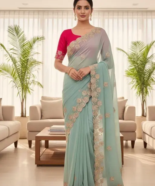 Vt 829 T Moss Chiffon Multi Thread Worked Fancy Saree Collection