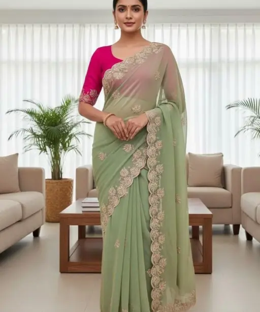 Vt 829 T Moss Chiffon Multi Thread Worked Fancy Saree Collection