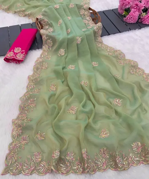 Vt 829 T Moss Chiffon Multi Thread Worked Fancy Saree Collection