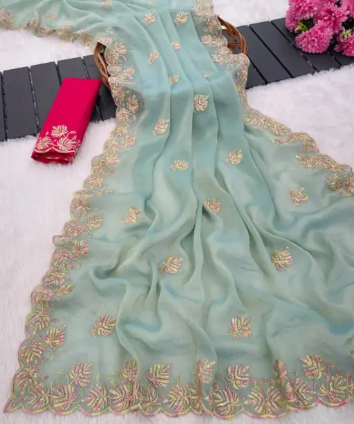 Vt 829 T Moss Chiffon Multi Thread Worked Fancy Saree Collection