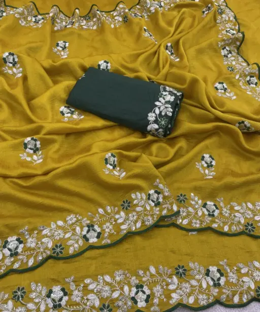 Vt 834 T Soft Vichitra Silk Thread Work Designer Saree Collection