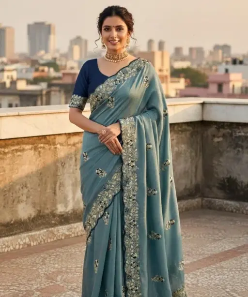 Vt 834 T Soft Vichitra Silk Thread Work Designer Saree Collection