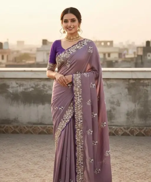 Vt 834 T Soft Vichitra Silk Thread Work Designer Saree Collection