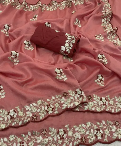 Vt 834 T Soft Vichitra Silk Thread Work Designer Saree Collection