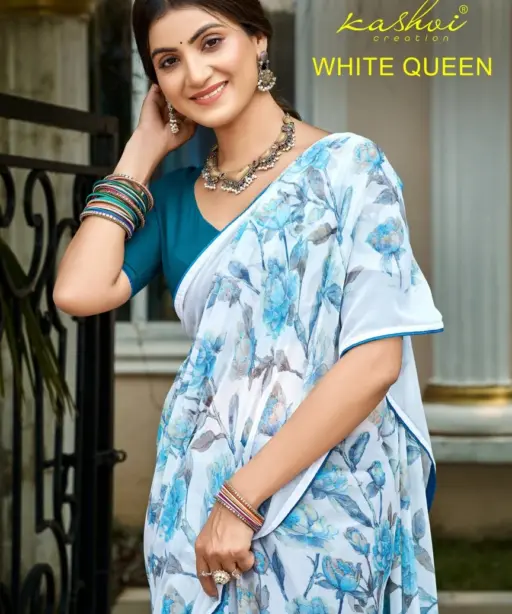 Kashvi White Queen Georgette Casual Wear Saree Collection