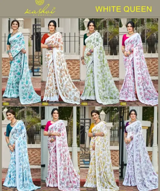 Kashvi White Queen Georgette Casual Wear Saree Collection