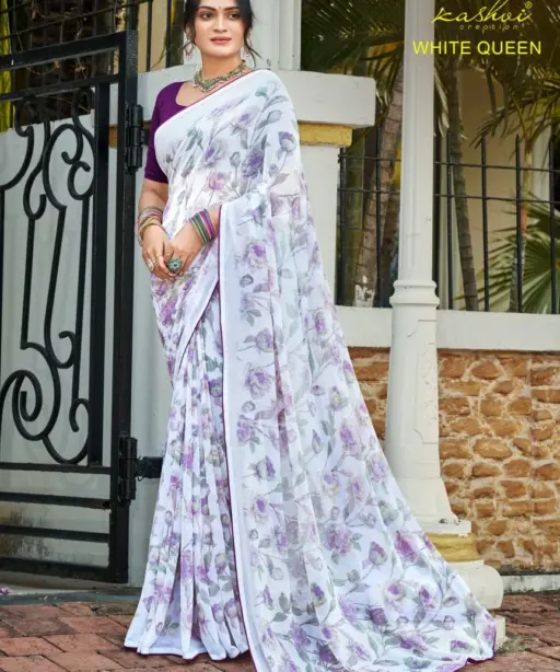 Kashvi White Queen Georgette Casual Wear Saree Collection