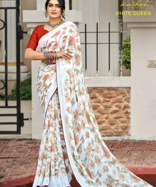 Kashvi White Queen Georgette Casual Wear Saree Collection