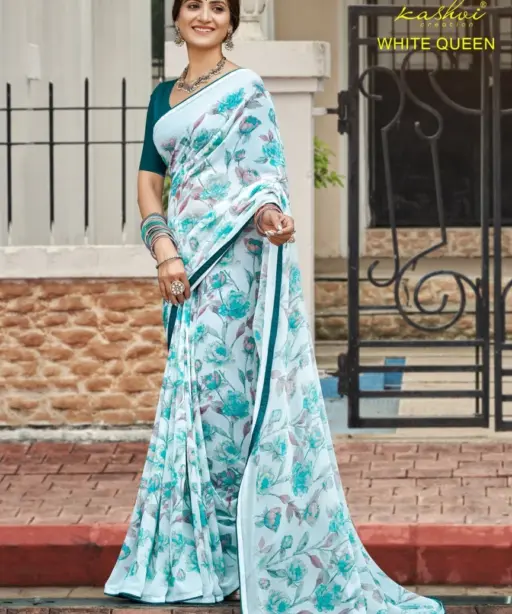 Kashvi White Queen Georgette Casual Wear Saree Collection